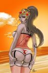  arm_tattoo ass back_tattoo beach head_mounted_display highres lingerie midnightonmars outdoors overwatch ponytail solo sweat tattoo teeth thigh_gap thighhighs underwear widowmaker_(overwatch) 