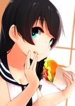  :&lt; agano_(kantai_collection) aqua_eyes backlighting bacon bare_arms bare_shoulders black_hair breasts cleavage close-up closed_mouth collarbone eating eyelashes face food food_on_face hamburger highres holding holding_food kantai_collection looking_at_viewer medium_breasts onion sailor_collar salad short_hair solo suginoji tareme tomato upper_body vest white_vest window wiping_face wiping_mouth wrapper 