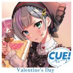  1girl apron black_headscarf black_ribbon blue_eyes blush breasts candy chocolate closed_mouth collared_shirt cooking copyright_logo cue! embarrassed english_text food frilled_apron frilled_skirt frills green_eyes grey_hair hair_ornament happy_birthday head_tilt headscarf heart heart-shaped_chocolate heart-shaped_food heterochromia holding holding_chocolate holding_food indoors kitchen lips long_sleeves looking_at_viewer maruyama_rie menstrual_pad multicolored_hair official_art plaid_apron plaid_clothes purple_hair purple_lips ribbon shirako_miso shirt short_hair skirt small_breasts solo upper_body v-shaped_eyebrows valentine white_shirt 