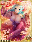  aqua_hair bare_shoulders blue_eyes blush breasts cleavage flower glasses hair_ornament jewelry koihime_musou large_breasts looking_up necklace rikuson shin_koihime_musou short_hair smile solo wide_sleeves 