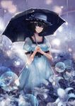  black_hair blue_background dress flower lily_(flower) mai_(xskdizzy) rain rainbow shiina_mayuri smile solo steins;gate umbrella 