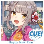  1girl blush building bun_with_braided_base copyright_logo cue! english_text fang floral_print flower grey_hair hair_flower hair_ornament hand_up happy_new_year japanese_clothes kimono kujo_yuzuha long_sleeves looking_at_viewer new_year official_art open_mouth outdoors portrait print_kimono shirako_miso short_hair sidelocks skin_fang smile solo tsurime wide_sleeves yellow_eyes 