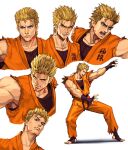  1boy barefoot belt black_belt blonde_hair blue_eyes dougi fighting_stance fingerless_gloves gloves highres looking_at_viewer male_focus martial_arts_belt multiple_boys muscular muscular_male orange_dougi ryou_sakazaki ryuuko_no_ken short_hair simple_background the_king_of_fighters torn_clothes torn_sleeves white_background yukinoshin_f 
