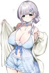  1girl babydoll bare_shoulders bloomers blue_babydoll blue_bloomers blue_choker blunt_bangs blush bow bow_choker breasts cardigan cardigan_pull choker cleavage commentary_request covered_nipples fingernails frills green_eyes grey_cardigan grey_hair hair_ornament hair_rings hairclip highres hololive huge_breasts jewelry light_smile long_sleeves looking_at_viewer navel necklace official_alternate_costume official_alternate_hairstyle open_cardigan open_clothes ori_dak pink_nails shirogane_noel shirogane_noel_(9th_costume) simple_background single_hair_ring sleepwear sleeves_past_wrists solo thigh_strap virtual_youtuber white_background 