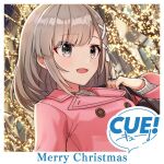  1girl bag blush breasts brown_bag christmas christmas_lights coat copyright_logo cue! english_text grey_eyes grey_hair hair_ribbon hand_up holding holding_bag lips long_sleeves looking_at_viewer medium_breasts medium_hair merry_christmas mutsuishi_haruna night official_art open_mouth pink_coat portrait ribbon shirako_miso sidelocks solo sweater tree upper_body white_ribbon white_sweater 