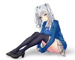  alternate_costume ass black_legwear blue_eyes full_body high_heels highres kantai_collection kashima_(kantai_collection) long_hair looking_at_viewer mary_janes shoes silver_hair simple_background sitting skirt sleeves_past_wrists solo tetsu_(excalibur920) thighhighs twintails 