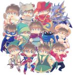 6+boys :d :o ;) animal_costume animal_hat armor arrow bangs beastmaster_(final_fantasy) bell berserker_(final_fantasy) black_mage black_pants blue_eyes blue_footwear blue_mage boots bow_(weapon) bright_pupils brown_footwear brown_hair butz_klauser cape closed_mouth dancer domino_mask dragoon_(final_fantasy) eyes_closed face_mask fang final_fantasy final_fantasy_v fur-trimmed_sleeves fur_trim geomancer_(final_fantasy) glint gloves green_hat hair_between_eyes hat hat_feather hat_ornament heart helmet holding holding_bow_(weapon) holding_staff holding_sword holding_weapon horn horns knight_(final_fantasy) long_sleeves mask multiple_boys multiple_persona nightcap no_nose one_eye_closed open_mouth pants pauldrons pose ranger_(final_fantasy) red_cape red_footwear red_hat red_mage red_shirt robe sheep_costume sheep_horns shirt short_hair simple_background skull smile sparkle spikes staff standing summoner_(final_fantasy) sword takatora tied_shirt weapon white_background white_mage white_pupils wide_sleeves wizard_hat wolf_costume wolf_hat yellow_gloves yellow_hat 
