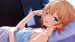  1girl ;d ahoge backlighting bare_shoulders blush breasts camisole character_request commentary crack_lack_good_luck dutch_angle from_side green_eyes hair_between_eyes hand_up happy highres indoors looking_at_viewer lying morning on_back on_bed one_eye_closed open_mouth orange_hair original rubbing_eyes short_hair small_breasts smile solo spiked_hair teeth tft_(tft7822) tomboy under_covers upper_body upper_teeth_only white_camisole 