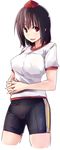  :d alternate_costume bike_shorts black_hair blush breasts commentary_request covered_nipples cowboy_shot gym_shirt hat interlocked_fingers kamukamu_(ars) large_breasts looking_at_viewer nose_blush open_mouth parted_lips red_eyes revision shameimaru_aya shirt short_hair short_sleeves shorts simple_background smile solo tokin_hat touhou white_background 