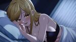  1girl :d armpit_crease backboob black_bra blonde_hair blurry blurry_background blush bra breasts character_request cleavage collarbone commentary_request crack_lack_good_luck curtains dutch_angle film_grain hair_between_eyes hair_over_shoulder head_on_pillow highres indoors large_breasts lingerie long_hair looking_at_viewer lying night on_bed on_side open_mouth original pillow sidelocks smile solo swept_bangs teeth tft_(tft7822) tsurime under_covers underwear upper_body upper_teeth_only yellow_eyes 