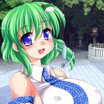  blouse blue_eyes breasts covered_nipples detached_sleeves forest frog_hair_ornament green_hair hair_ornament hair_tubes huge_breasts kochiya_sanae lantern nature open_mouth sagano_mito short_hair shrine smile snake_hair_ornament solo touhou tree upper_body 