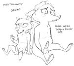  after_sex alec8ter anthro cum cum_on_hand dialogue disney duo gideon_grey male male/male monochrome nude penis sitting stated_heterosexuality travis_(zootopia) zootopia 