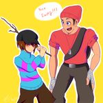  blush clothing duo hat human male mammal protagonist_(undertale) scout_(team_fortress_2) simple_background stick sweater team_fortress_2 text trandafilov undertale valve video_games 