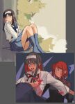  1boy 2girls black_hair black_sweater blood blood_on_clothes blood_on_face blue_eyes blue_kimono blue_ribbon brother_and_sister crossed_arms ezekquel hairband highres impaled japanese_clothes kimono kneehighs kohaku_(tsukihime) long_hair looking_at_viewer multiple_girls red_hair red_ribbon ribbon sailor school_uniform siblings sitting skirt socks spoilers stab surprised sweat sweater tohno_akiha tohno_shiki_(2) tsukihime white_hair yellow_eyes 