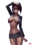  :d arm_at_side arm_up artist_name black_hair black_jacket black_skirt borrowed_character breasts breasts_apart brown_eyes cleavage collarbone cropped_jacket dark_arts_kai dark_skin esha_prasad hand_on_forehead jacket large_breasts legs_together long_sleeves looking_at_viewer midriff miniskirt navel no_bra open_mouth original pencil_skirt shiny shiny_skin simple_background skirt slender smile solo standing stomach sunglasses teeth white_background 