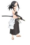 1girl anime_coloring aogiri_(kunoichi_tsubaki_no_mune_no_uchi) bare_shoulders battoujutsu_stance black_gloves black_hair black_hakama black_tube_top breasts closed_mouth collarbone elbow_gloves eyepatch fighting_stance from_side full_body gloves grey_eyes grey_sash hakama hakama_skirt holding holding_sheath holding_sword holding_weapon japanese_clothes katana kimono kunoichi_tsubaki_no_mune_no_uchi long_sleeves looking_at_viewer low_ponytail ninja official_art okuda_yousuke one_eye_covered open_clothes open_kimono parted_bangs pleated_skirt ponytail ready_to_draw saya_(scabbard) scabbard sheath sheathed sidelocks simple_background skirt small_breasts solo standing strapless sword tachi-e transparent_background tube_top v-shaped_eyebrows waraji weapon white_kimono wide_sleeves 