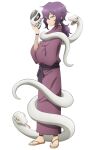  1girl anime_coloring breasts closed_mouth crossed_arms fishnet_sleeves fishnets from_side full_body hair_between_eyes hana-sensei_(kunoichi_tsubaki_no_mune_no_uchi) hand_up holding holding_mask japanese_clothes kimono kunoichi_tsubaki_no_mune_no_uchi long_hair long_sleeves looking_at_viewer mask official_art okuda_yousuke profile purple_eyes purple_hair purple_kimono purple_sash sash sidelocks simple_background small_breasts snake solo standing tachi-e transparent_background unworn_mask v-shaped_eyebrows waraji white_snake wide_sleeves 
