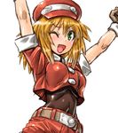  ;d \o/ amania_orz arms_up belt black_gloves blonde_hair breasts covered_navel gloves green_eyes hat long_hair medium_breasts one_eye_closed open_mouth outstretched_arms red_shorts rockman rockman_dash roll_caskett short_sleeves shorts simple_background smile solo white_background 