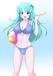  :d ahoge ball bangs beachball bikini blue_background blue_bikini blue_eyes blush breasts cleavage collarbone eyebrows eyebrows_visible_through_hair food frog_hair_ornament front-tie_bikini front-tie_top gradient gradient_background green_hair hair_ornament hair_tubes highres holding kochiya_sanae large_breasts long_hair looking_at_viewer o-ring o-ring_bikini open_mouth outline popomu popsicle smile snake_hair_ornament solo standing swimsuit touhou 