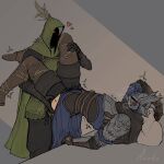  2boys ^^^ aanko arched_back arm_behind_back armor black_pants black_scarf blue_tabard blush boots breath cape commentary elden_ring elden_ring_nightreign english_commentary green_cape grey_hair hair_between_eyes heart helm helmet highres hood hooded_cape ironeye_(elden_ring) leg_on_another's_shoulder lying male_focus multiple_boys on_back pants pillow plume scarf tabard winged_helmet wylder_(elden_ring) yaoi 