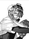 1boy 999993nine arm_up baseball_jersey baseball_mitt boukyaku_battery catcher's_mask catcher_(baseball) commentary_request greyscale hair_between_eyes jersey kaname_kei layered_sleeves long_sleeves looking_to_the_side lower_teeth_only male_focus monochrome open_mouth short_over_long_sleeves short_sleeves simple_background solo teeth upper_body white_background 