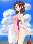  alternate_costume arched_back bare_shoulders beach blue_sky blush bow breasts brown_hair closed_umbrella cloud cloudy_sky competition_swimsuit covered_navel day drill_hair from_side hair_between_eyes hair_bow harukaze_(kantai_collection) highleg highleg_swimsuit kantai_collection long_hair looking_at_viewer medium_breasts ocean one-piece_swimsuit oriental_umbrella outdoors pink_swimsuit rasukaru red_bow red_eyes sky smile solo swimsuit thighs towel twin_drills umbrella water 