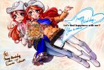 2girls belt blue_eyes blue_scarf blue_skirt blush boots character_name cowboy_hat gemini_sunrise geminin_sunrise happy_birthday hat holding holding_hands jacket kannah multiple_belts multiple_girls open_mouth orange_jacket pants pink_scarf ponytail red_hair sakura_taisen sakura_taisen_v scarf shirt siblings sidelocks sisters skirt smile white_boots white_hat white_pants white_shirt 