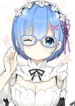  :o apron artist_name bespectacled blue-framed_eyewear blue_eyes blue_hair bob_cut detached_collar detached_sleeves eyebrows eyebrows_visible_through_hair glasses hair_ornament hair_ribbon highres maid maid_apron maid_headdress one_eye_closed re:zero_kara_hajimeru_isekai_seikatsu rem_(re:zero) ribbon shiny shiny_hair short_hair sky_(freedom) solo tareme upper_body x_hair_ornament 