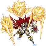  cape claws crystal digimoji digimon dual_wielding energy faguna familiar holding jesmon knight lowres monster no_humans pixel_art red_cape sword torn_cape triple_wielding warrior weapon white_armor 