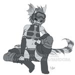  anthro clothed clothing collar dragon eyewear facial_piercing female glasses goggles half-closed_eyes looking_at_viewer monochrome navel nose_piercing pandora_(artist) piercing simple_background sitting smile solo teeth white_background 