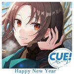  1girl black_shirt blurry blurry_background breath brown_eyes brown_hair cloud coat copyright_logo cue! earrings english_text green_coat hand_in_own_hair hand_up happy_new_year jewelry kamuro_aya lips long_hair long_sleeves looking_at_viewer necklace official_art open_mouth outdoors parted_bangs pink_lips portrait shirako_miso shirt sidelocks sky smile solo teeth tsurime 
