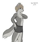  2016 anthro athletic boxer_briefs brown_eyes brown_hair bulge butt canine clothed clothing corporalbackrubs digital_media_(artwork) fur gloves_(marking) grey_fur hair hi_res male mammal markings short_hair simple_background sketch smile solo underwear wolf 