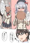  1girl admiral_(kantai_collection) beret black_eyes blush breasts buttons check_translation comic commentary_request cup embarrassed epaulettes eyebrows eyebrows_visible_through_hair glasses gloves hat kantai_collection kashima_(kantai_collection) kerchief large_breasts military military_uniform open_mouth pleated_skirt senshiya silver_hair skirt sweatdrop teapot translation_request uniform wavy_hair white_gloves 