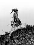  1girl absurdres black_hair blood bloody_weapon disembodied_limb dress grass greyscale highres holding holding_finger holding_weapon jewelry jmichek1 long_hair monochrome no_shoes original ring scratches sword weapon zweihander 