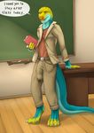  2016 5_fingers anthro balls belt big_penis blazer blue_scales book bulge chalkboard classroom claws clothed clothing collared_lizard desk dialogue digital_media_(artwork) english_text front_view green_eyes grin hi_res humanoid_penis lizard lizardlars looking_at_viewer male monroe_(monroethelizard) penis precum reptile scales scalie school smile solo speech_bubble standing teacher teeth text thick_penis thick_tail yellow_scales 
