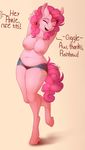  2016 absurd_res anthro anthrofied areola arms_above_head big_breasts breasts clothing dialogue english_text equine evehly female friendship_is_magic hair hands_behind_back hi_res horse mammal muffin_top my_little_pony nipples pink_hair pinkie_pie_(mlp) pony pose shorts slightly_chubby smile solo text 