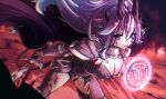  1girl armor blurry blurry_background breasts cape cleavage cottontail_(vtuber) glowing highres holding holding_sword holding_weapon horns indie_virtual_youtuber large_breasts long_hair magic_circle nythlinvt purple_cape purple_eyes purple_hair solo sword virtual_youtuber weapon 