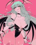  1girl aqua_eyes aqua_hair arm_strap armlet black_armlet black_choker black_leotard blunt_bangs breasts choker cleavage clothing_cutout collarbone darkstalkers demon_girl demon_wings elbow_gloves eyelashes from_below fur_trim gloves head_wings heart_cutout highres huge_breasts jewelry leotard long_hair looking_at_viewer morrigan_aensland narrow_waist narrowed_eyes navel_cutout pantyhose pink_pantyhose sagging_breasts solo standing thick_thighs thighs usa37107692 very_long_hair wings 