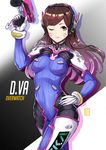 ;) arm_up artist_name blush bodysuit breasts brown_eyes brown_hair charm_(object) closed_mouth clothes_writing cowboy_shot d.va_(overwatch) eyebrows eyebrows_visible_through_hair facepaint facial_mark gloves gradient_hair gun hand_on_hip headgear headphones hiroki_(hirokiart) holding holding_gun holding_weapon honeycomb_(pattern) honeycomb_background long_hair looking_at_viewer medium_breasts multicolored_hair one_eye_closed overwatch pink_hair pink_lips shoulder_pads skin_tight smile solo trigger_discipline walking weapon whisker_markings white_gloves 
