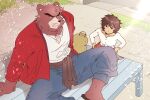  2boys animal_ears bakemono_no_ko bear_boy bear_ears blue_pants closed_mouth commentary_request fangs furry furry_male ham_won_art highres korean_commentary kumatetsu kyuuta_(bakemono_no_ko) looking_up male_focus multiple_boys on_bench pants red_fur red_robe robe shirt sitting white_shirt 