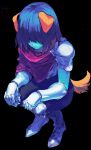  1other animal_ears armor armored_boots black_background black_unitard blue_hair blue_skin boots cape chinese_commentary colored_skin commentary deltarune dog_ears dog_tail gauntlets hair_over_eyes highres kris_(dark_world)_(deltarune) kris_(deltarune) lantern_madoyoi other_focus pink_cape short_hair shoulder_armor side_cape simple_background solo squatting tail utdr_(toby_fox) 
