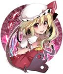  :d asa_(coco) ascot blonde_hair blush circle crystal fang flandre_scarlet frilled_shirt_collar frills hat hat_ribbon laevatein looking_at_viewer mob_cap open_mouth puffy_short_sleeves puffy_sleeves red_eyes ribbon short_sleeves side_ponytail skirt skirt_set smile solo touhou upper_body wings wrist_cuffs 