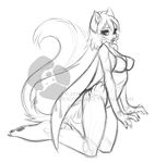  anthro clothing distracting_watermark feline female kneeling looking_at_viewer mammal monochrome pandora_(artist) sketch smile solo swimsuit watermark 