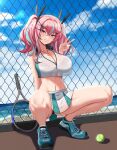  1girl azur_lane ball bare_shoulders black_panties blue_sky blush breasts bremerton_(azur_lane) bremerton_(scorching-hot_training)_(azur_lane) chain-link_fence cleavage cloud collarbone collared_shirt commentary_request crop_top crop_top_overhang day fence full_body green_shoes green_skirt grey_hair grin groin hair_between_eyes hair_intakes hair_ornament heart heart_necklace highres jewelry large_breasts lens_flare long_hair looking_at_viewer midriff mole mole_on_breast mole_under_eye multicolored_hair navel navel_piercing necklace ocean official_alternate_costume outdoors paid_reward_available panties pantyshot partial_commentary piercing pink_eyes pink_hair racket see-through_clothes see-through_shirt shadow shirt shoes sidelocks skirt sky sleeveless sleeveless_shirt smile sneakers solo sportswear spread_legs squatting streaked_hair sweat teeth tennis_ball tennis_racket tennis_uniform twintails two-tone_hair two-tone_shirt two-tone_skirt underwear v wet wet_clothes wet_shirt white_shirt white_skirt x_hair_ornament zeukiar 