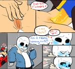  ! &lt;3 animated_skeleton bed blush bone clothed clothed_sex clothing comic dialogue english_text female human magic_penis male male/female mammal not_furry nsfwshamecave papyrus_(undertale) penis protagonist_(undertale) sans_(undertale) sex skeleton sweat text undead undertale video_games 