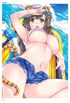  absurdres animal_ears armpits artist_name bangs bikini blush breasts cloud covered_nipples day eyebrows_visible_through_hair hair_ornament highres innertube large_breasts looking_at_viewer lying mizuhara_yuu navel ocean on_back open_mouth raft scan short_hair short_shorts shorts sky solo striped striped_bikini sunlight swimsuit tail tiger_ears tiger_tail toranoana underboob water wet 