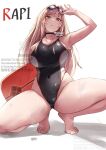  1girl arm_up armpits artist_name bare_legs barefoot black_choker black_one-piece_swimsuit breasts brown_hair character_name choker covered_groin covered_navel dot_nose from_below goddess_of_victory:_nikke goggles goggles_on_headwear highleg highleg_one-piece_swimsuit highres large_breasts long_hair looking_at_viewer one-piece_swimsuit orange_eyes rapi_(classic_vacation)_(nikke) rapi_(nikke) showhey!! simple_background solo squatting swimsuit toes two-tone_swimsuit watermark white_background 