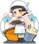  alternate_headwear apron arare_(kantai_collection) black_hair black_legwear blush_stickers brown_eyes food food_request head_scarf holding holding_tray kano_(coyotehunt) kantai_collection kappougi kneehighs long_sleeves looking_at_viewer mittens muffin oven_mitts short_hair skirt smile solo standing steam tenugui tray 