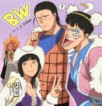  1girl 3boys absurdres black_hair blue_eyes blue_shirt bon_clay breasts cleavage collared_shirt commentary_request crocodile_(one_piece) daz_bones facepaint fire glint hair_slicked_back hat highres looking_at_viewer multiple_boys ngumngim nico_robin one_piece open_mouth orange_vest purple_background shirt short_hair smile stitched_face stitches vest white_hat 