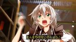  1girl ahoge apron black_apron blush bow bowtie checkered_bow checkered_bowtie checkered_clothes chopsticks commentary_request green_eyes grey_hair hair_between_eyes haiyore!_nyaruko-san hand_up holding holding_chopsticks indoors kamen_rider kamen_rider_build_(series) long_hair looking_ahead motion_blur nyarlathotep_(nyaruko-san) open_mouth parody puffy_short_sleeves puffy_sleeves shirt short_sleeves solo teeth translation_request upper_body upper_teeth_only v-shaped_eyebrows white_shirt yuto_(dialique) 